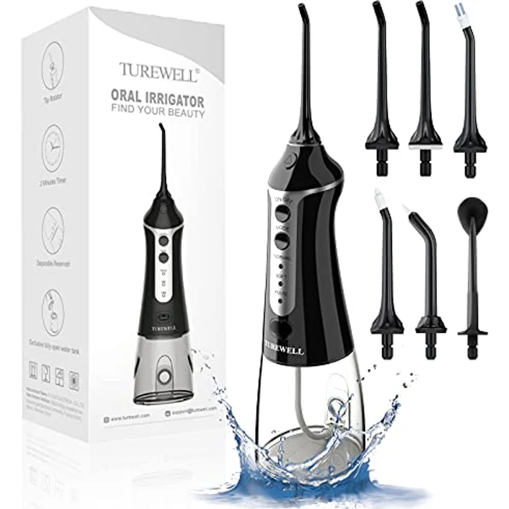 TUREWELL FC1591 Munddusche,Elektrisch zahnzwischenraumreiniger mit 3 Modi und 5 Düsen,IPX7 Wasserdicht 300ML Munddusche Kabellos,Tragbarer Aufladbarer water flosser für Familie und Reisen – Bild 1