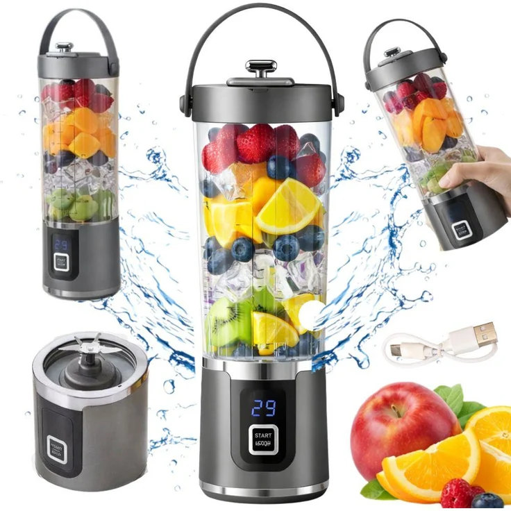 Verk Group USB-tragbarer Smoothie-Mixer, 500 ml, 1500 mAh Akku, Grau, mit LED-Beleuchtung und 3 Programmen
