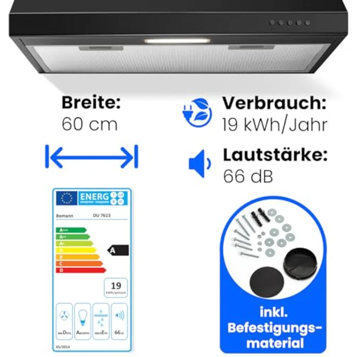 Bomann® Dunstabzugshaube DU 7613, 60 cm Unterbauhaube für Umluft und Abluft, LED-Beleuchtung, schwarz – Bild 2