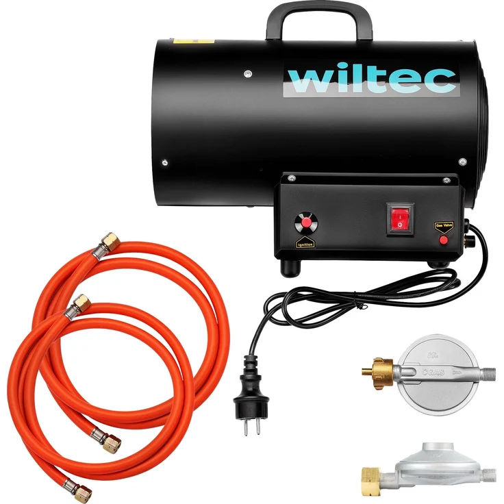 Wiltec Gasheizgebläse 15 kW inkl. Gasdruckminderer für Italien 700 mbar, Gas Heizkanone mit 30 W Motor, Heißluftgenerator aus Stahl, LPG-betriebener Bauheizer