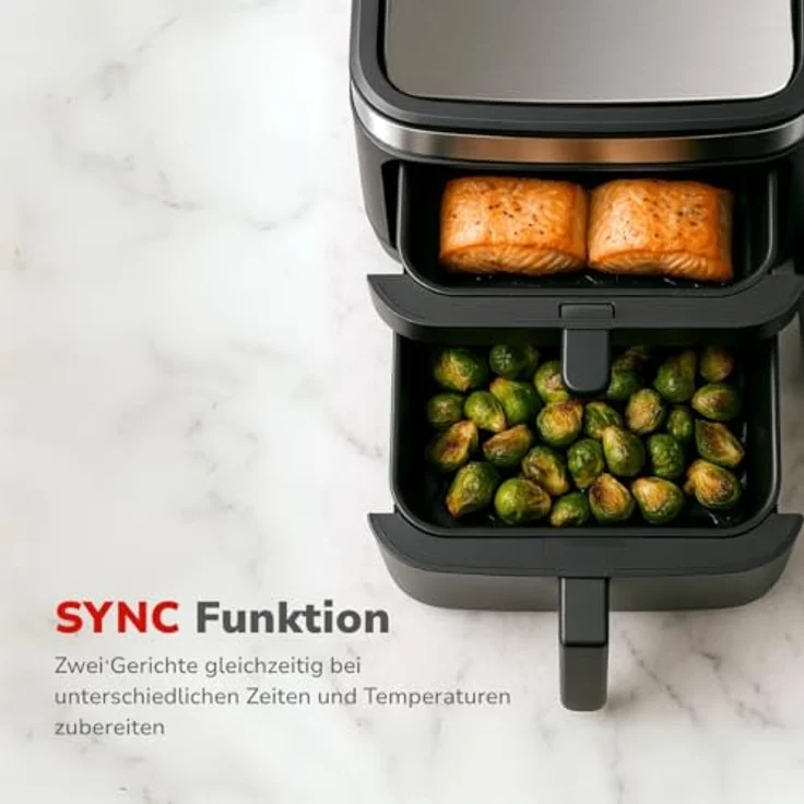 alpina Double Airfryer XXL, Heißluftfritteuse mit 11L und 2 Kammern, für 8 Personen, faltbares Display, Timer bis 60 Minuten, Temperatur 60-200°C, Schwarz – Bild 5