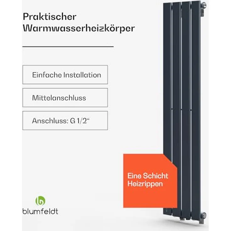 Blumfeldt Flachheizkörper Vertikal, 733 Watt Design Badheizkörper mit Thermostat, sparsamer Warmwasser Wandheizkörper für Badezimmer & Wohnzimmer – Bild 3