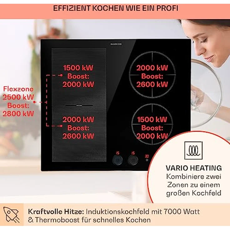 Klarstein Induktionskochfeld 4 Platten, Einbau- mit 4 Kochfelder, 7000 Watt , Herd mit Touch-Control & Timer, Glaskeramikkochfeld mit Abnehmbarem Magnetregler – Bild 3