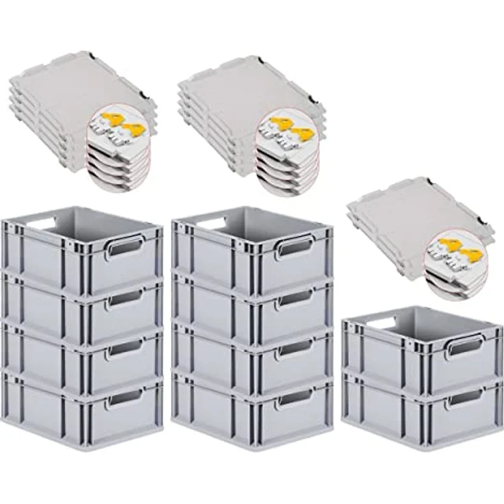 PROREGAL SuperSparSet 10x Eurobox NextGen Grip, Transportbox mit Scharnierdeckel und gelben Schiebeschnappverschlüssen, 16 L, Grau, HxBxT 17x30x40cm – Bild 1