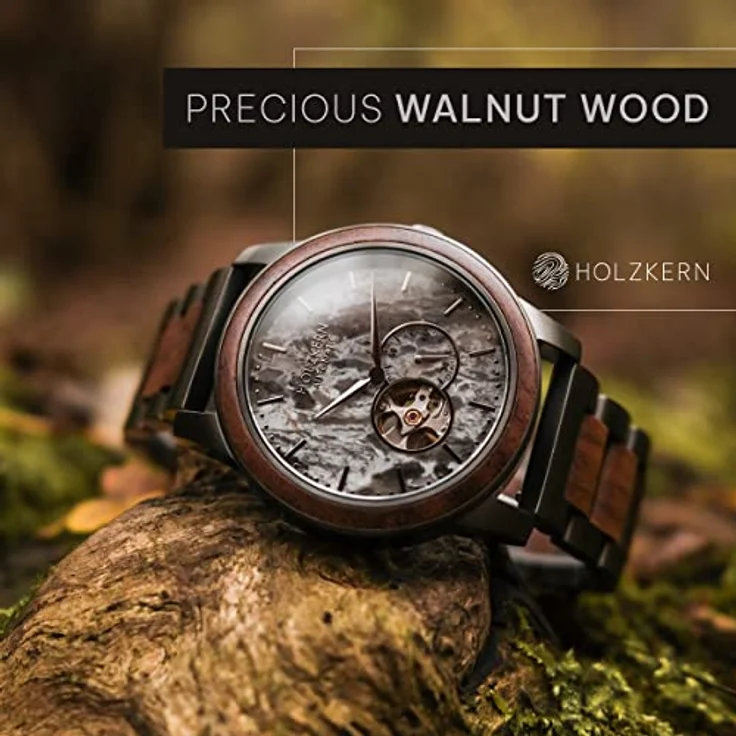 HOLZKERN Herrenarmbanduhr Automatik Chicago, Walnuss/Marmor, mechanisches japanisches Uhrwerk, 42 mm, kratzfestes Saphirglas, mattiertes Edelstahlarmband – Bild 2