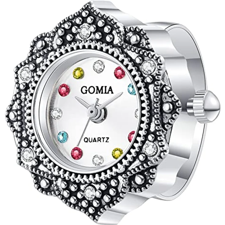 JewelryWe Ringuhr Fingeruhr Damen Analog Quarz Retro Edelstahl Schwarz mit Bunt Strass und Verstellbarem Ring – Bild 1