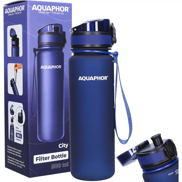 Aquaphor AQUAPHOR CITY blaue Filterflasche + 1 0,5 L Kartusche, Aktivkohlefilter für unterwegs
