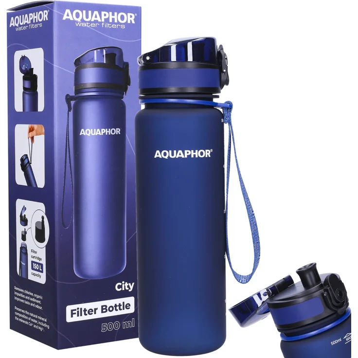 Aquaphor AQUAPHOR CITY blaue Filterflasche + 1 0,5 L Kartusche, Aktivkohlefilter für unterwegs – Bild 1
