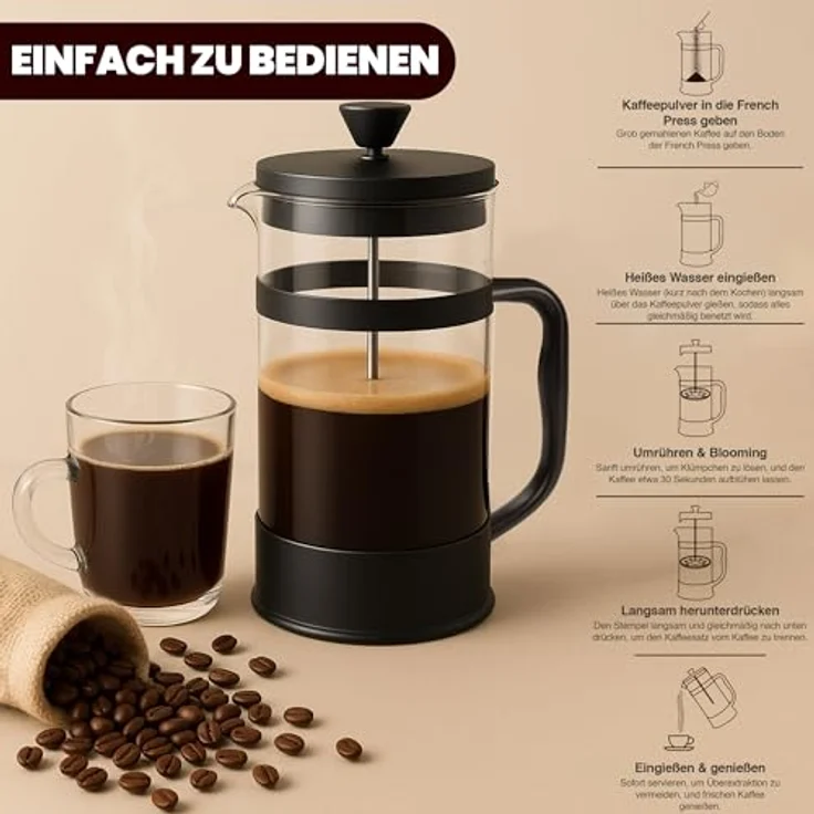 KICHLY Französische Presse, Kaffeemaschine aus Borosilikatglas mit Stahlkolben, 600 ml, Schwarz, hitzebeständig, Dreifachfilter, für Kaffee und Tee – Bild 2