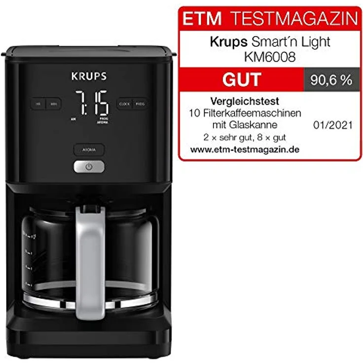 Krups Filterkaffeemaschine Smart'n Light KM6008,, 1,25l Kaffeekanne, 1,25L Kapazität, 24-Stunden-Timer, Automatische Abschaltung, Digital-Display – Bild 2