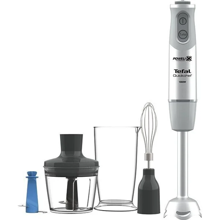 Tefal Quickchef HB65KD38 Stabmixer, 1000 W, 20 Leistungsstufen, inkl. Zerkleinerer, Messbecher, Schneebesen, silber