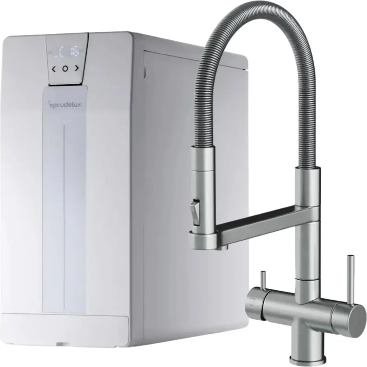 SPRUDELUX POWER SODA FT-Line 3 Untertischsystem mit 5-Wege Alba Edelstahlarmatur und 2 kg CO₂-Flasche, integrierte Umkehrosmose, Edelstahl