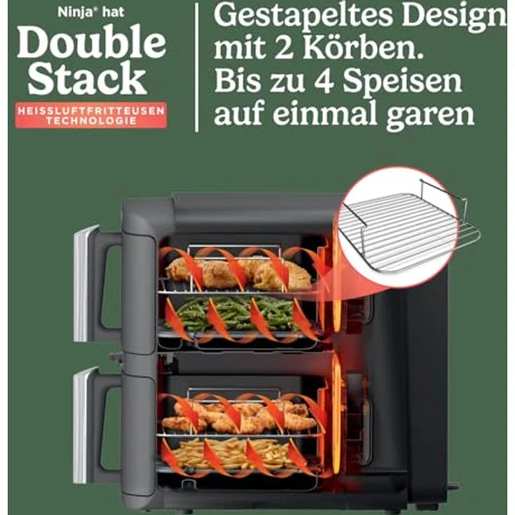 Ninja Double Stack XL Air Fryer Heißluftfritteuse mit digitalem Thermometer, 9,5 L Airfryer, vertikal, 6 Kochfunktionen, 8 Portionen, Grau SL451EU – Bild 4