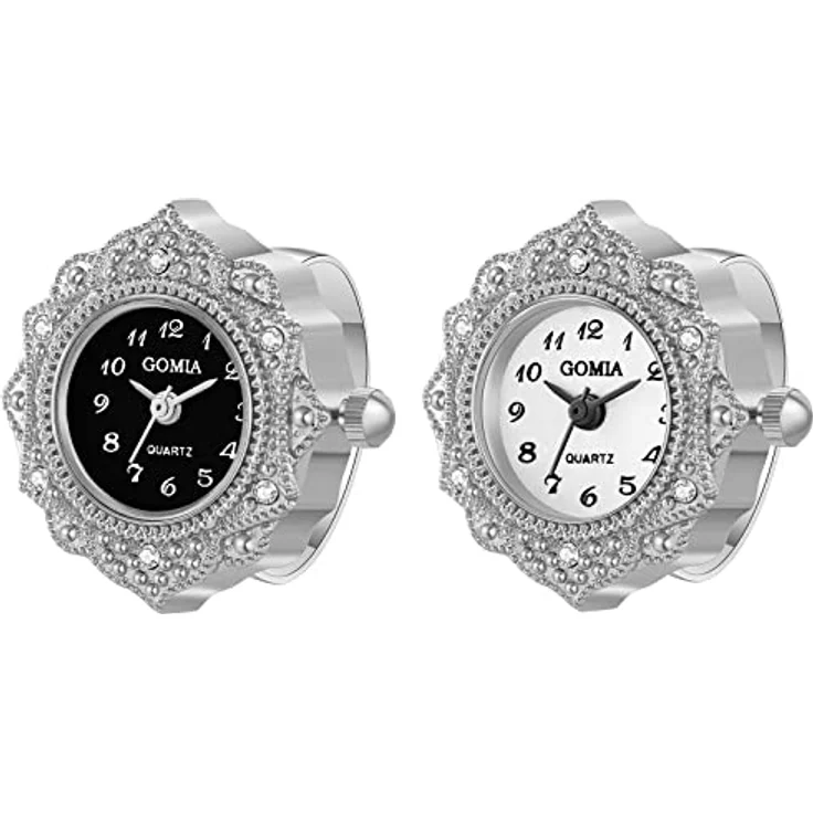 JewelryWe 2pcs Ringuhr Fingeruhr Damen, Analog Quarz, Retro Geschnitzt Blumen, Edelstahl, Verstellbar, Wasserfest, Silber Gehäuse – Bild 1