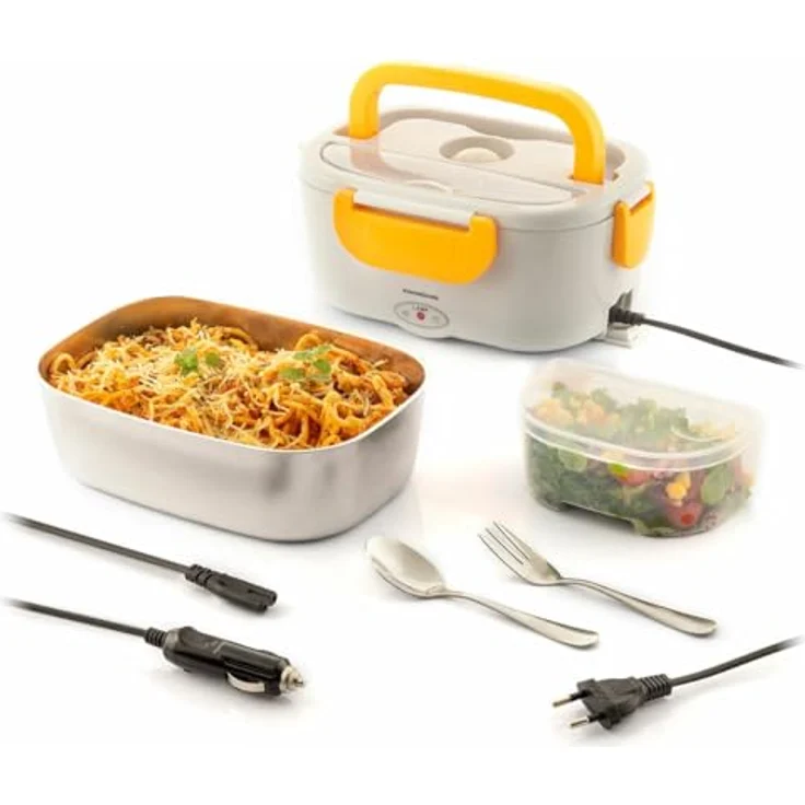 InnovaGoods Elektrische Lunchbox Lunffi, 1,05 l, Edelstahl- und Kunststoffbehälter, Weiß|Gelb, für Büro und Auto – Bild 2