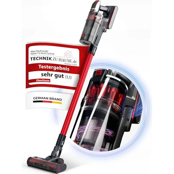 Flixxe T12 Akku-Sauger mit 12 Kammern-Zyklonen-Technologie, echte 29 kPa Saugleistung, 60 Min Laufzeit, X-SCAN-Technologie, LED-Lichtbürste – Leicht 3 kg, wechselbarer Akku, Beutellos, HEPA-Filter