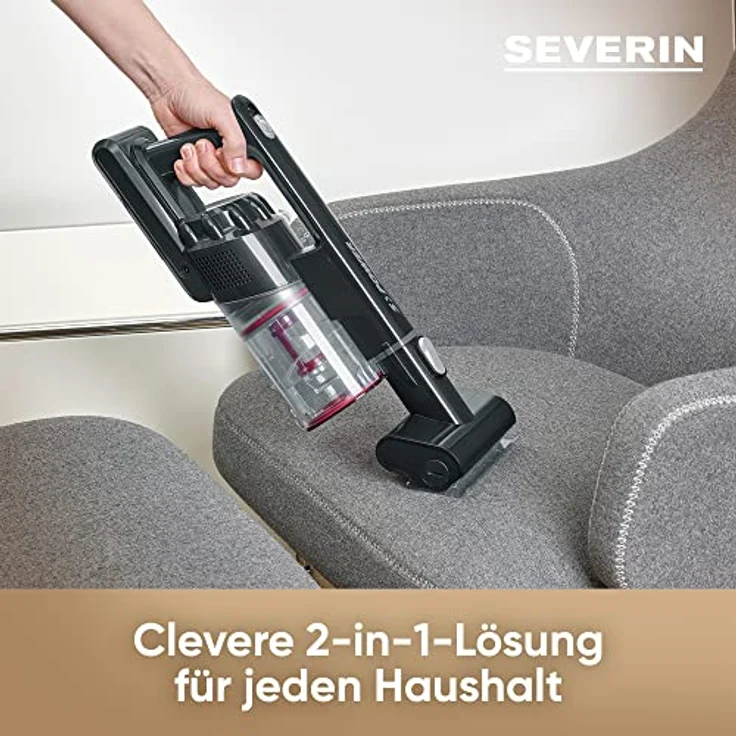 SEVERIN 2-in-1 Stiel- und Handstaubsauger, Akku Staubsauger mit bis zu 40 Min. Laufzeit, kabelloser Staubsauger mit High-Speed Elektrobürste mit LED Beleuchtung, schwarz/rot, HV 7154 – Bild 3