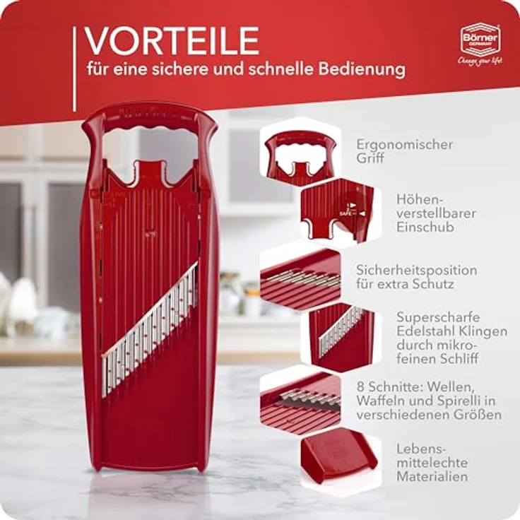 Börner Gemüseschneider Welle-Waffel PowerLine, Gitterkartoffel-Schneider mit 3 Schnittstärken, integriertem Kindersicherung, ergonomischem Griff und mikrofein-geschliffenen Edelstahlmessern, BPA-frei – Bild 5