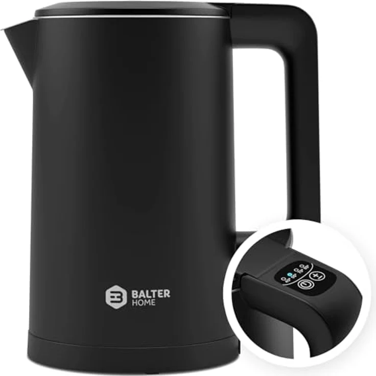 Balter Edelstahl Wasserkocher WK-04-Touch, elektrischer Wasserkocher mit Temperatureinstellung 40°C-100°C, Doppelwand, BPA-frei, 1,7L, 2200W, leise, Schwarz – Bild 1