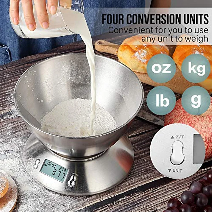 himaly 5KG Digitale Küchenwaage, Edelstahl-Kochwaage mit Abnehmbarer Schüssel zum Backen und Kochen, Tara-Funktion, LCD-Display, Auto-Off – Bild 5
