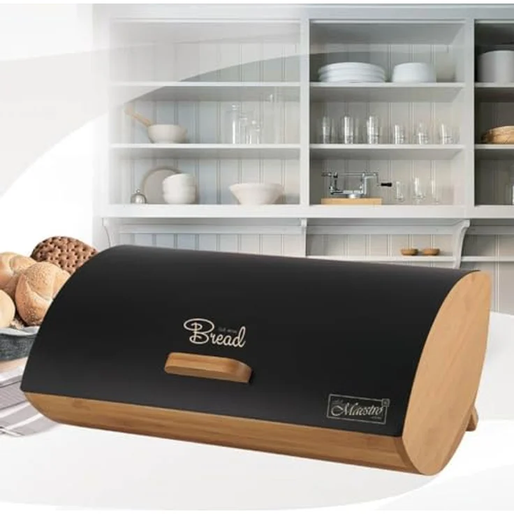 Feel Maestro Brotkasten MR-1775-BLACK, Hochwertiger Holz-Metall-Brotkasten in Schwarz, 25 x 13,3 x 36,5 cm, langlebig und flexibel gestaltet – Bild 3