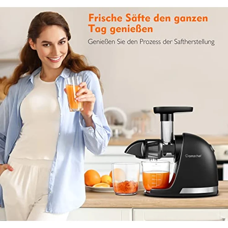 AMZCHEF Entsafter Slow Juicer mit Rückwärts-Kau-Funktion - Zartes Zerkleinern ohne Filtern - Elektrische Saftpresse mit Bürste und 2 Tassen, Mattschwarz – Bild 2