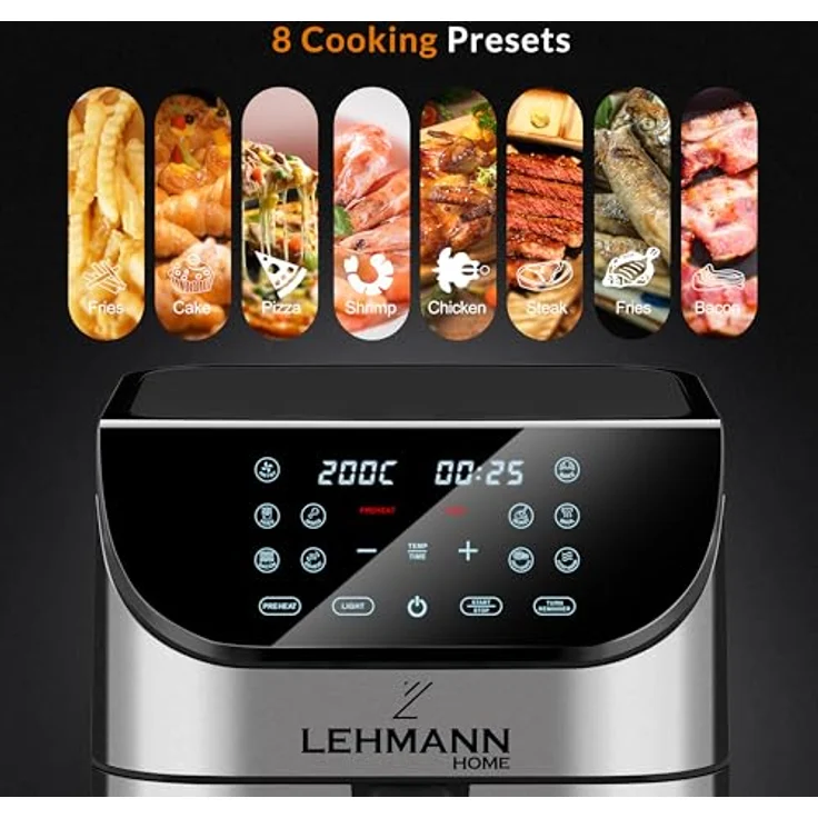 LEHMANN Heißluftfritteuse XXL mit 8L Korb und Sichtfenster, Friteuse ohne Öl, 1800W, bis zu 10 Programmen, Timer und Touch-Display – Bild 2