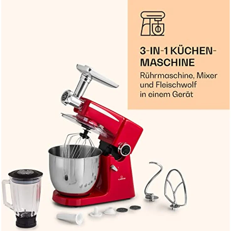 Klarstein Renata Rossa Küchenmaschine 3-in-1 2000 W / 2,7 PS 5 Ltr Edelstahl BPA-frei – Bild 6