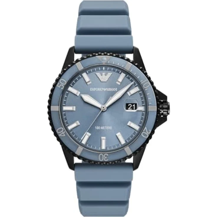 EMPORIO ARMANI Herren Analog Quarz Uhr AR11685, 42 mm Gehäuse, schwarzes Edelstahlgehäuse, blaues Sunray-Zifferblatt, blaues Silikonarmband, wasserdicht bis 100 m – Bild 1