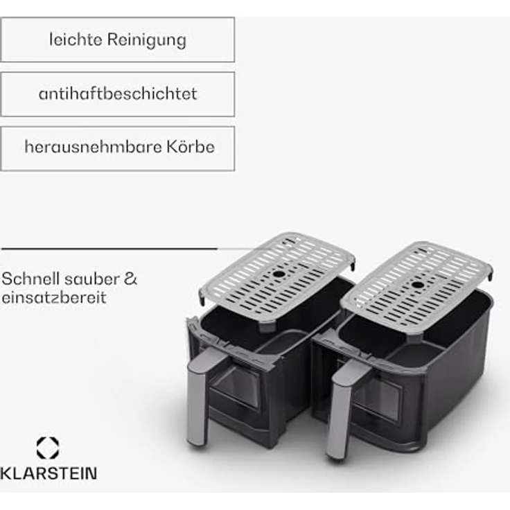 Klarstein VitaFry Duo Skylight Doppel-Heißluftfritteuse, 2850W, 7,6L, Touch-Bedienfeld, 6 Modi, XL, schwarz – Bild 7