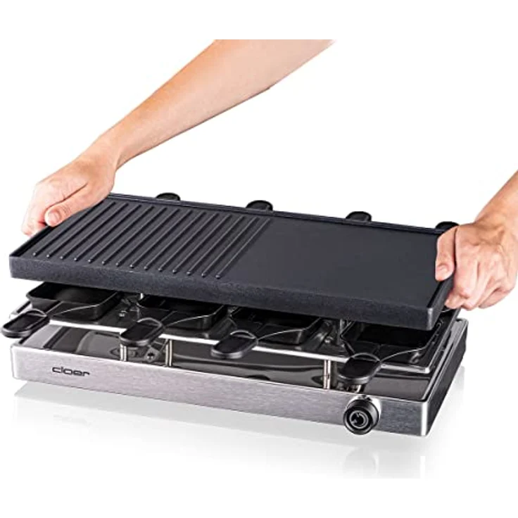 Cloer 6458 Raclettegrill mit Aluminium-Druckguss Platte, 1200 W, 8 antihaftbeschichtete Raclettepfännchen, Kunststoffspachtel, unbeheizter Parkplatz, Aluminium – Bild 3
