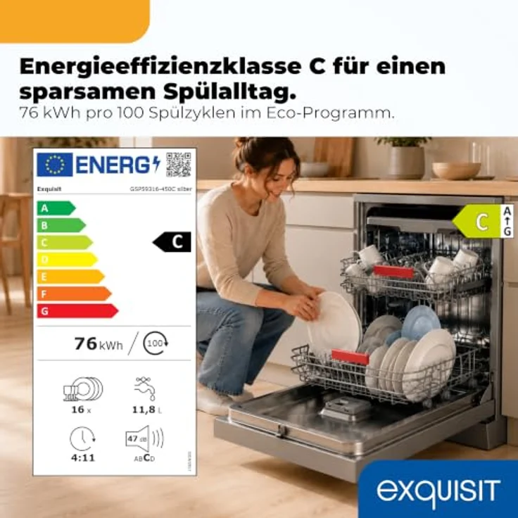 Exquisit GSP59316-450C Geschirrspüler 16 Maßgedecke, Energieklasse C, 8 Spülprogramme, Aquastop, Innenbeleuchtung, unterbaufähig, Silber – Bild 2