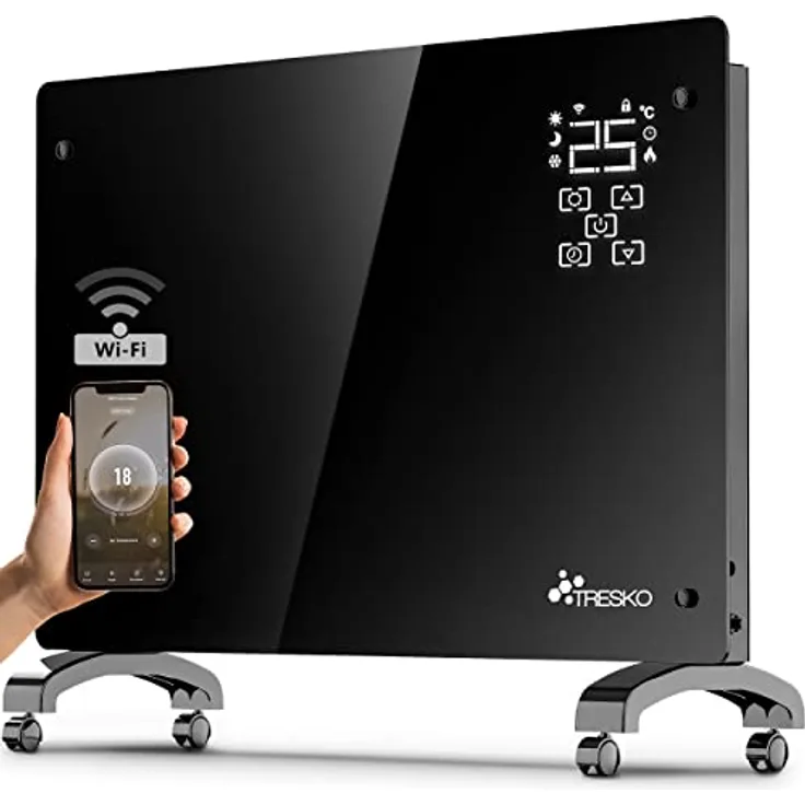 TRESKO Elektroheizung Schwarz 2000W inkl. WiFi & APP Glaskonvektor Konvektor Wand Heizung Glas Heizkörper Bad, Konvektor