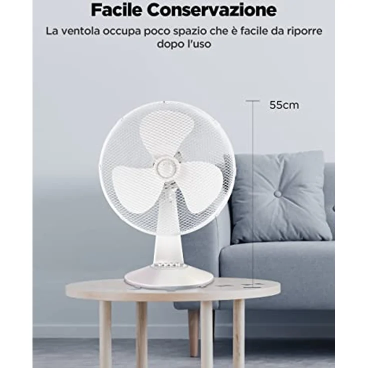 Midea Tischventilator, 3 Geschwindigkeitsstufen, mechanische Steuerung, 80° Oszillation, neigbar, weiß – Bild 6