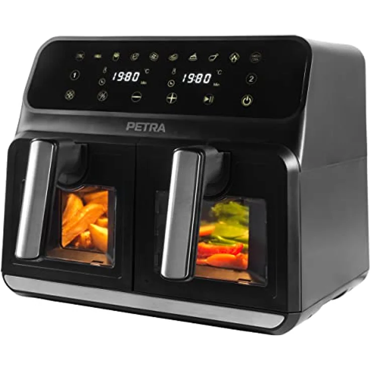 Petra PT5196GWVDE 7,6-l-Doppel-Heißluftfritteuse - Fritteuse ohne Öl, Ölfreier Kocher, Doppelschublade mit Glassichtfenstern, 2 antihaftbeschichtete große Frittierkörbe, 10 Kochfunktionen, 1700 W – Bild 1