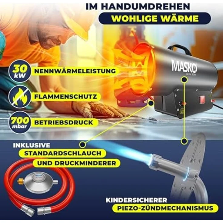 MASKO Gasheizgebläse Heizkanone 30 kW, leistungsstarker Heißluftgenerator mit Piezo-Zündung, inkl. Gasschlauch & Druckminderer für Gasflaschen – Bild 2
