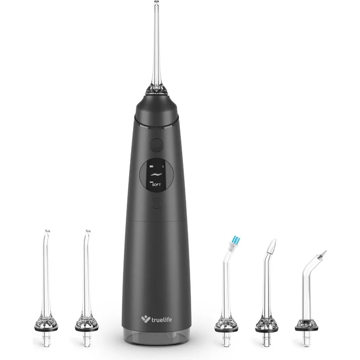 Truelife AquaFloss Compact C300, Munddusche mit 5 Reinigungsmodi, 0,3 L Wassertank, schwarzes Design, inklusive 6 Bürstenköpfen