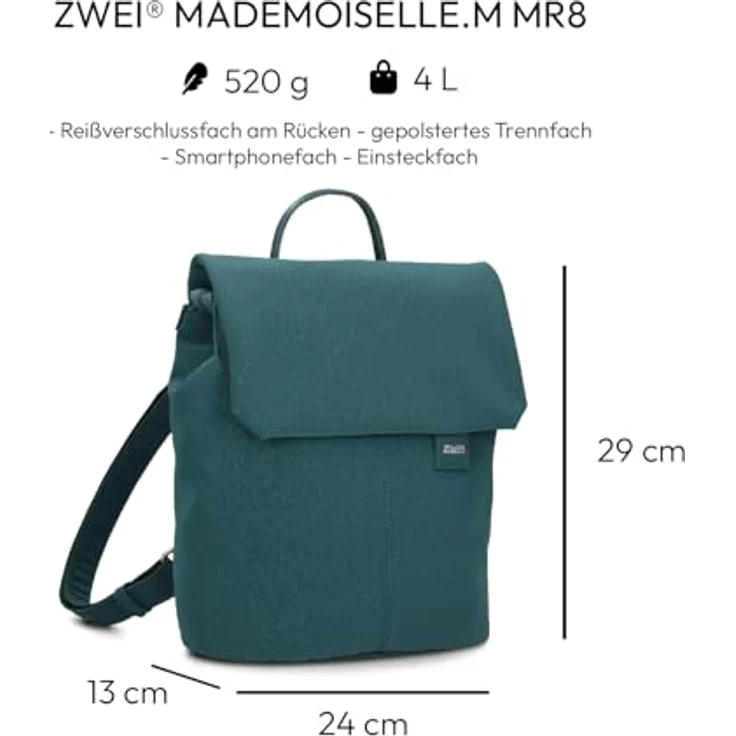 Zwei Mademoiselle.M City Rucksack, 29 cm, petrol, 100% Polyurethan, 24 cm x 13 cm – Bild 2