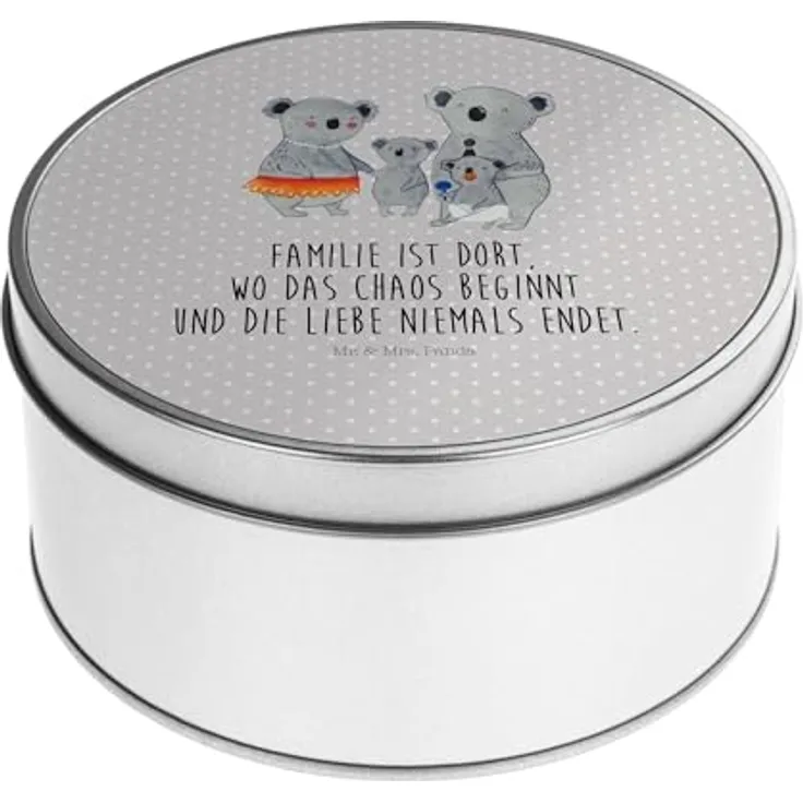 Mr. & Mrs. Panda Blechdose rund Koala Familie - Grau Pastell - Aufbewahrungsbox Metallkiste - Geschenk, Metallbox, Muttertag