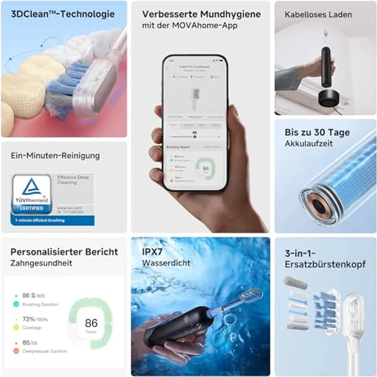 MOVA Fresh Pro 3DClean™ Elektrische Zahnbürste mit App, Schallzahnbürste für Erwachsene, 2 Bürstenköpfe und Reiseetui, 3-in-1-Ersatzbürstenkopf mit Halter, 30 Tage Akkulaufzeit, Schwarz – Bild 2