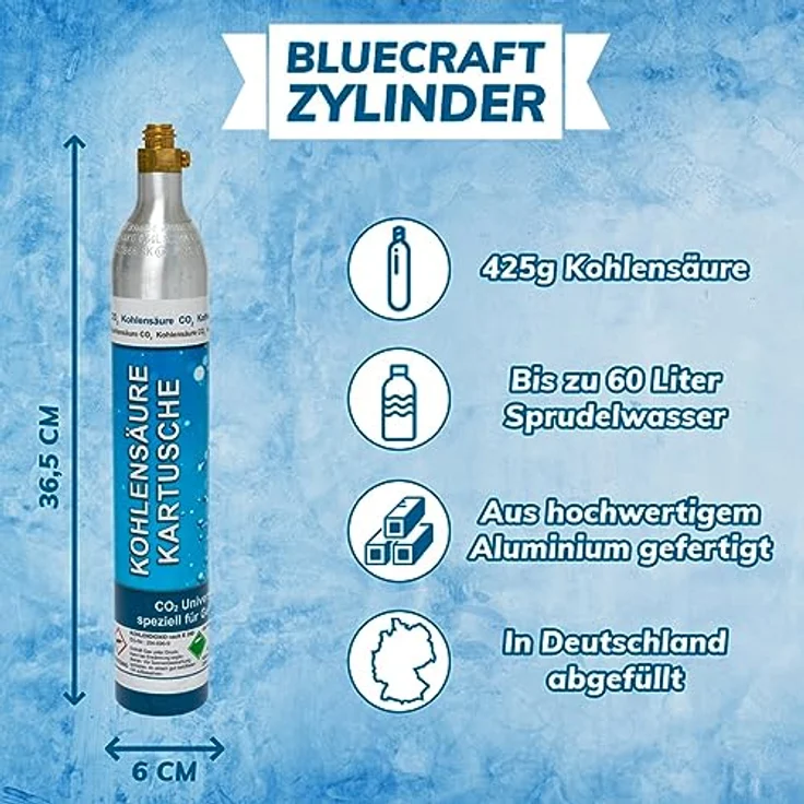 BlueCraft CO₂-Zylinder 425g für bis zu 60 Liter Sprudelwasser, geeignet für SodaStream Wassersprudler, abgefüllt in Deutschland – Bild 2
