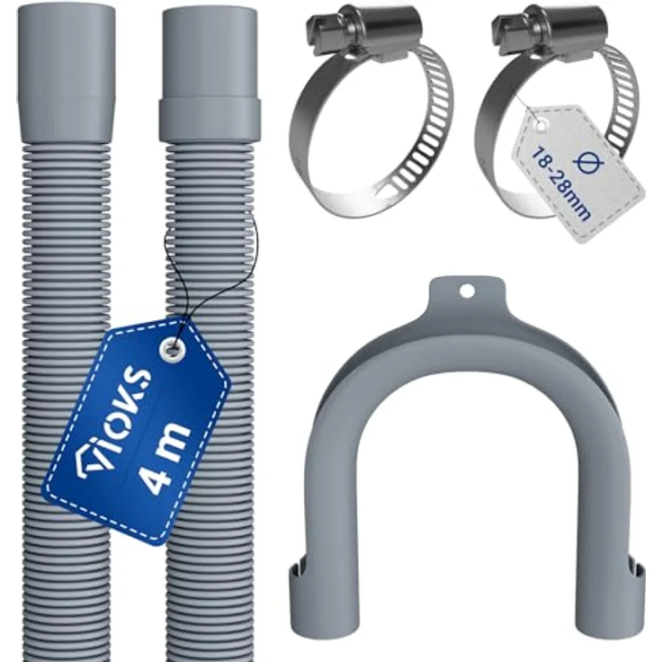 VIOKS Flexibler Ablaufschlauch Waschmaschine, 4m Länge, 19/22mmØ mit 2x Edelstahl Schlauchschellen 18-28mmØ, robust und chemikalienbeständig – Bild 1