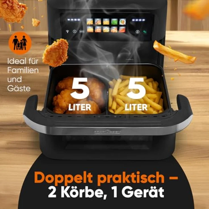 ProfiCook® XXL Heißluftfritteuse PC FR 1313 H, 10L, Öl- und fettfreies Frittieren, buntes Touch-Display, 2400W, 2 Kammern, 10 Programme, 80-200°C – Bild 3