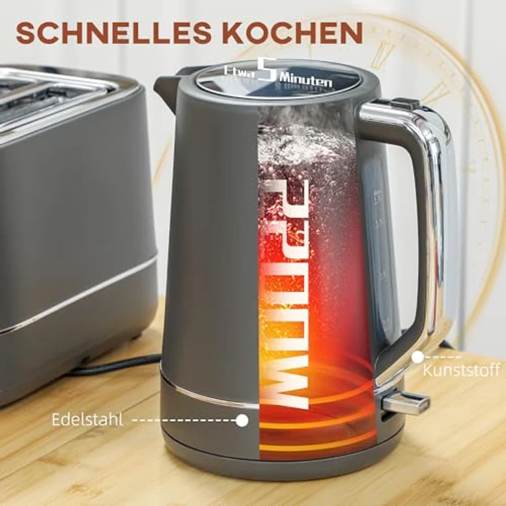 HOMCOM Toaster Set, 1,7 L Wasserkocher und Toaster mit 2 Schlitzen, 2200 W, 6 Bräunungsstufen, grau und chrom – Bild 3