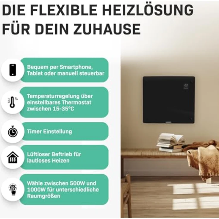 VONROC Elektroheizung, Konvektor-Heizung - Energiesparende elektrische Heizung bis 12m2 - Wand-/Bodenmontage - 2 Stufen 500W & 1000W, Manuelle/App Steuerung - Schwarz – Bild 3