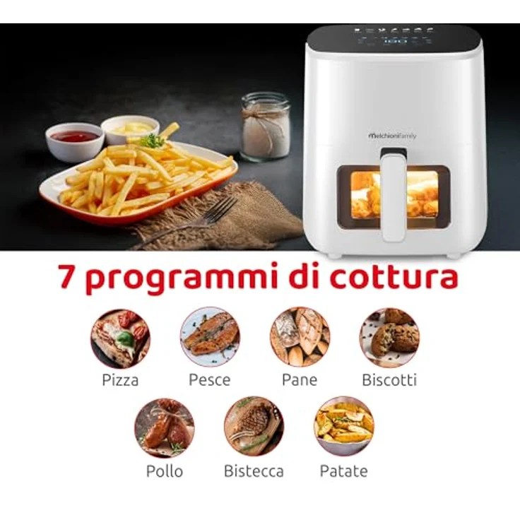 Melchioni Family Marianna New Luftfritteuse, 5 l, kompakt, Antihaft-Behälter, Touch-Display, 7 Programme, Timer 60 min, Temperatur 80 °-200 °C, 1500 W – Bild 3