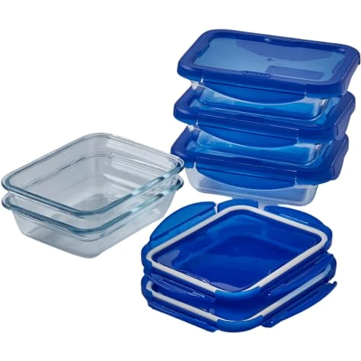 Pyrex Cook & Go, Stapelbares luftdichtes Küchenbehälterset, rechteckig, 5 Stück, 0,8 L, Blau – Bild 1