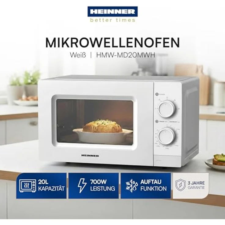 Heinner HMW-MD20MWH Mikrowelle 20 L, 700 W mit Mechanischer Steuerung, Timer und Auftaufunktion, Weiß – Bild 3