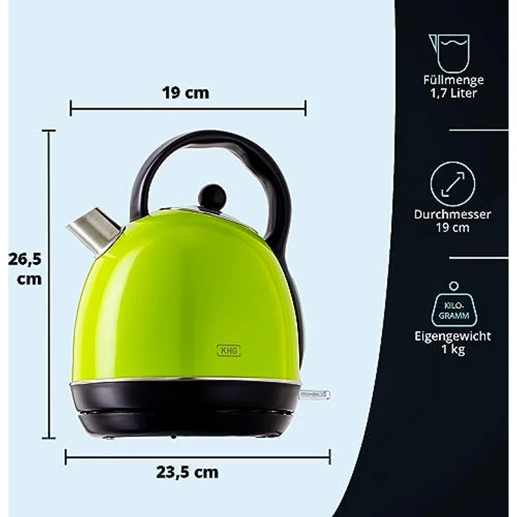 KHG Kessel-Wasserkocher WK-1711 Retro, Edelstahl, grün, 1,7 Liter, 2200 Watt, abwaschbarer Kalkfilter, Trockengehschutz, Abschaltautomatik, verdecktes Heizelement, BPA-frei – Bild 3