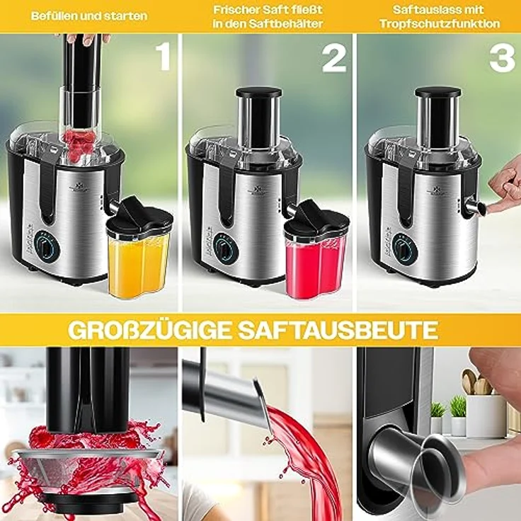 KESSER Entsafter für Obst und Gemüse, aus Edelstahl, 1100W, große 85 mm Einfüllöffnung, inkl. Reinigungsbürste und Saftbehälter, 3 Geschwindigkeitsstufen, Saftpresse Juicer, silber – Bild 3